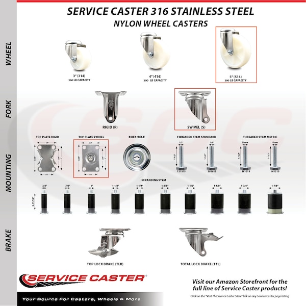 Service Caster 5 Inch 316SS Nylon Wheel Swivel Top Plate Caster SCC-SS31620S514-NYS - main